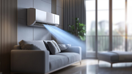 A sleek banner showcasing a modern air conditioner unit against a backdrop of cool, refreshing air and comfortable living spaces