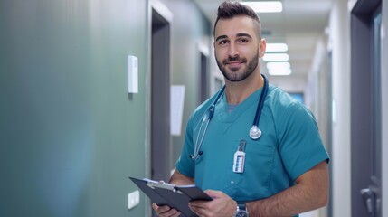 A man in a blue scrubs is holding a clipboard and smiling - 766199452