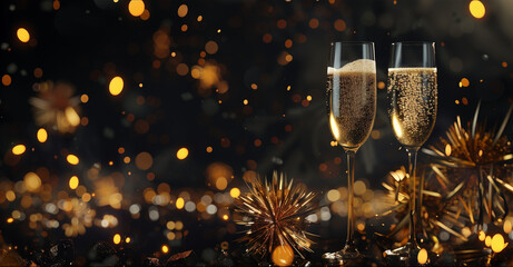 Two elegant champagne glasses filled with bubbly liquid are beautifully displayed on a festive table, set against a Happy New Year background