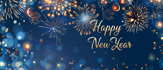 A festive Happy New Year card featuring colorful fireworks in the background, symbolizing joy and celebration