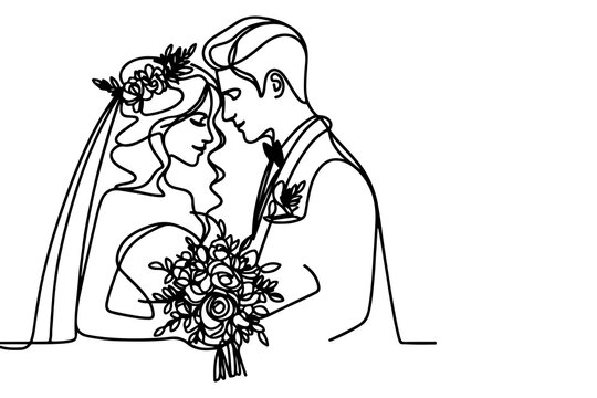 recommend clip art: One continuous single drawing black line art doodle wedding couple bride and groom outlne vector illustration on white background