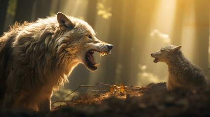 one wolf attacking a lamb in a woods - obrazy, fototapety, plakaty