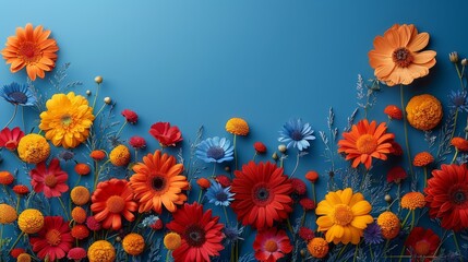  a bunch of different colored flowers on a blue background with space for a text on the bottom of the picture.