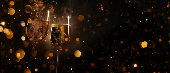 Two glasses of champagne filled to the brim, bubbling with effervescence, casting a luxurious sparkle against a sleek black background - obrazy, fototapety, plakaty