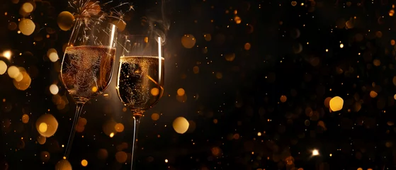 Fotobehang Two glasses of champagne filled to the brim, bubbling with effervescence, casting a luxurious sparkle against a sleek black background © Fokke Baarssen