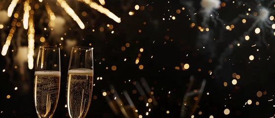 Fototapeten Two elegant glasses of champagne clink together as colorful fireworks light up the night sky in celebration © Fokke Baarssen