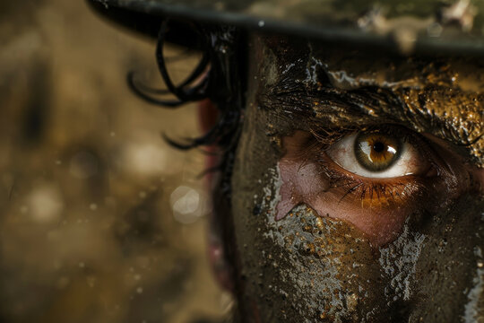 A close-up shot of a construction worker face, covered in dust and sweat.