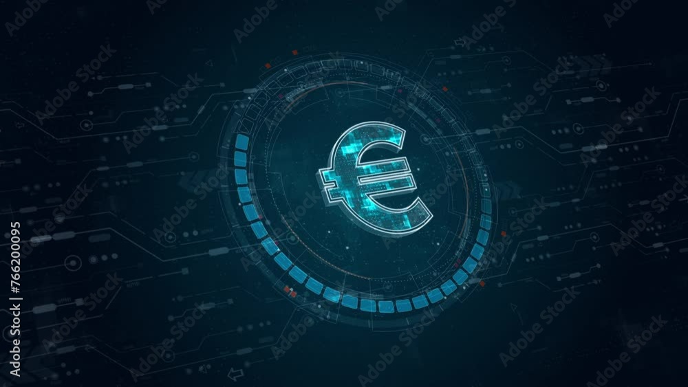 Poster motion graphic of blue digital money logo with rotation hud ui circle technology interface and futur