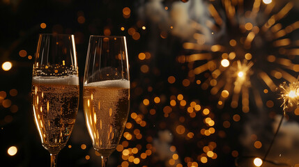 Two champagne glasses clink as fireworks light up the night sky in celebration of the New Year - obrazy, fototapety, plakaty