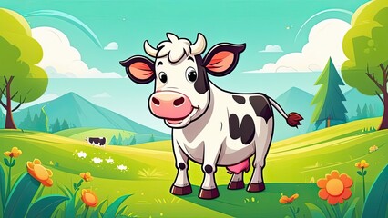 A cartoon cow is standing in a field. The cow is smiling and looking at the camera. The field is green and has a few flowers scattered around