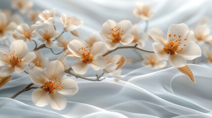  a bunch of white flowers sitting on top of a white bed covered in a white comforter next to a wall.