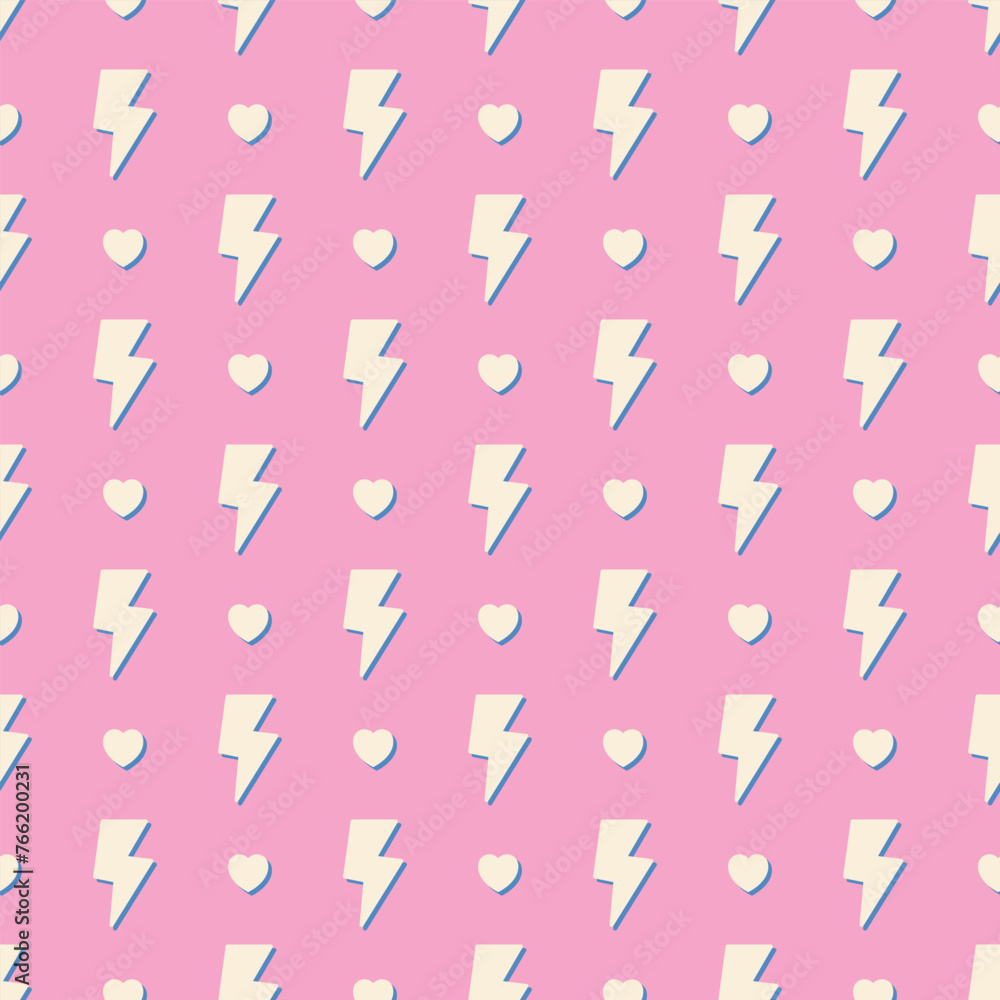 Poster retro vector seamless pattern with lightning. flat design. yellow lightnings on pink background.