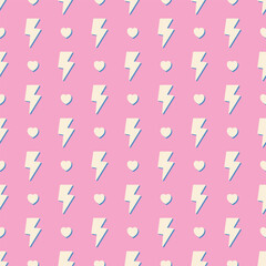 Retro vector seamless pattern with lightning. Flat design. Yellow lightnings on pink background.