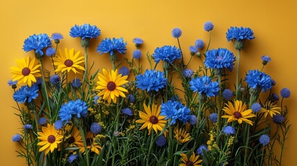Fototapeta premium a bunch of blue and yellow flowers in front of a yellow wall with blue and yellow flowers in front of it.