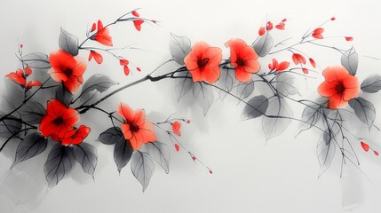  a painting of red flowers and leaves on a white background with a shadow of leaves on the left side of the painting.