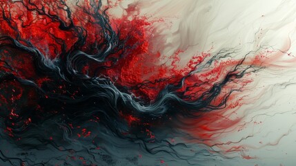  a painting of red and black swirls on a white and grey background with red and black swirls on the left side of the image.