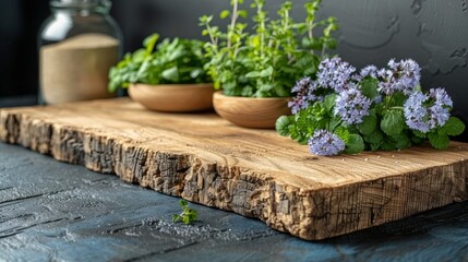  a wooden cutting board topped with plants on top of a wooden table next to a jar of salt and pepper shakers.