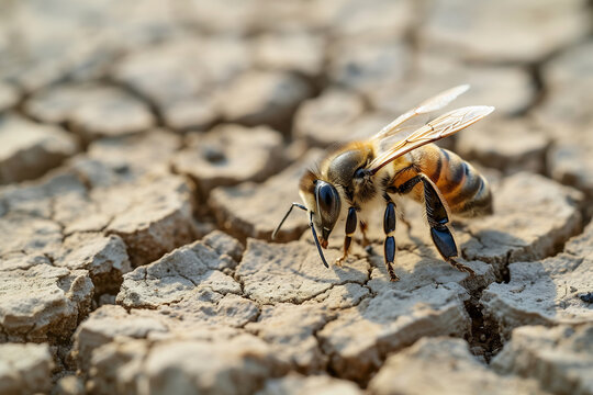 Bee perched on a surface of cracked dry soil. Generative AI image.	