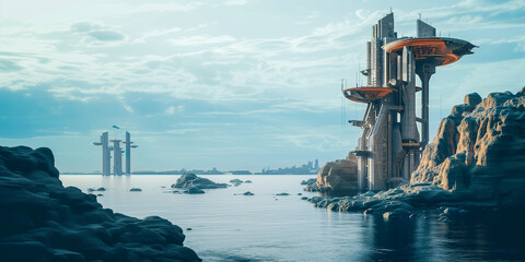 Sustainable Futuristic Cliffside City Architecture. Biotech Green Design. New Energy Sources, Smart Technology. Addressing Ecology, Climate Change, Overpopulation, Global Warming, Water Level Rise. 