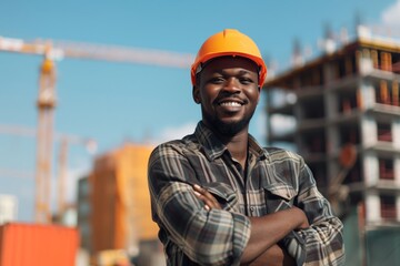 Confident construction worker wearing a hardhat, standing at a building site with crossed arms and a cheerful smile under a sunny sky. Professionalism and success in the construction industry.