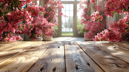  a wooden table topped with pink flowers in front of an open window with a view of the outside of the room.