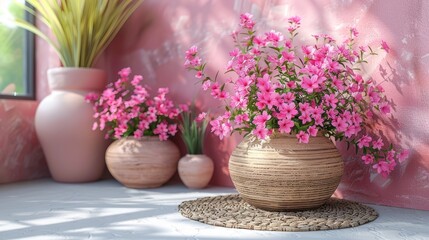 a group of vases filled with pink flowers next to a pink wall with a pink wall in the background. - obrazy, fototapety, plakaty