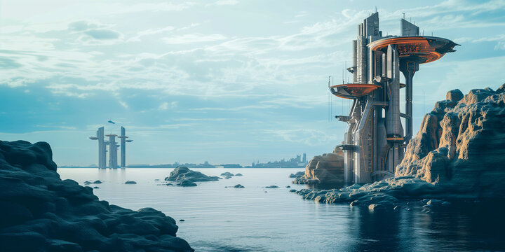 Sustainable Futuristic Cliffside City Architecture. Biotech Green Design. New Energy Sources, Smart Technology. Addressing Ecology, Climate Change, Overpopulation, Global Warming, Water Level Rise. 