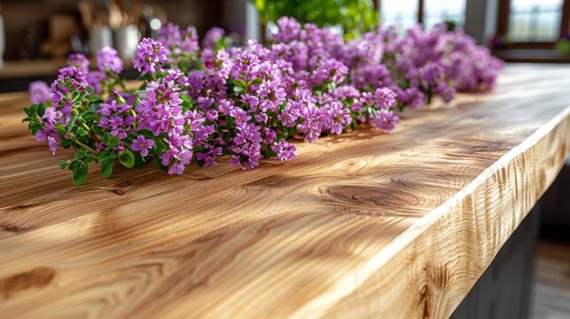  a group of purple flowers sitting on top of a wooden counter top next to a planter filled with purple flowers.