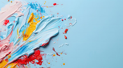 abstract colorful thick paint on a blue wall background with copy space