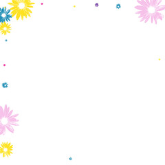 Colorful Chamomile Background White Vector. Petal Slightly Banner. Green Leaf Hand Drawn. Element Template. Factory Multi-colored Floral.