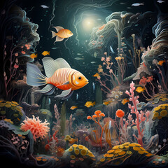 Fototapeta na wymiar Surreal underwater world with fantastical creatures