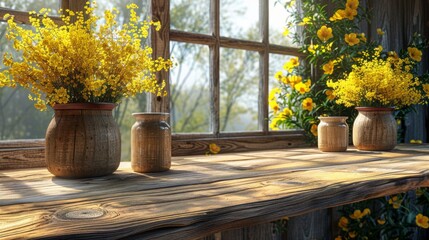  three vases filled with yellow flowers sit on a window sill in front of a wooden window sill.