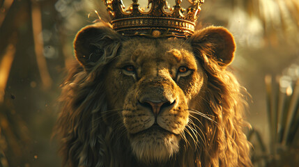 A lion adorned with a majestic crown, its mane flowing around it like a golden halo, ruling over...