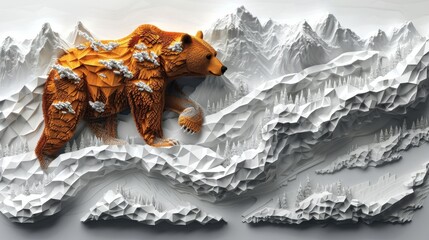  a bear made out of legos sitting on top of a snow covered mountain with trees and mountains in the background. - obrazy, fototapety, plakaty