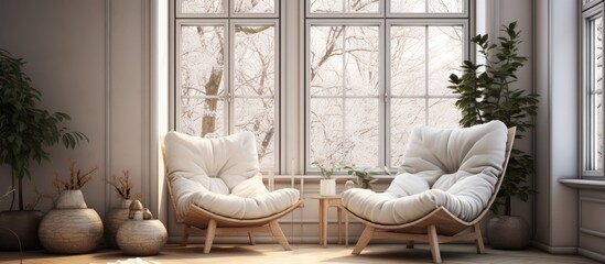 A cozy living room with two wooden chairs and a table in front of a window, featuring hardwood...