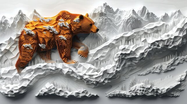 a bear made out of legos sitting on top of a snow covered mountain with trees and mountains in the background.