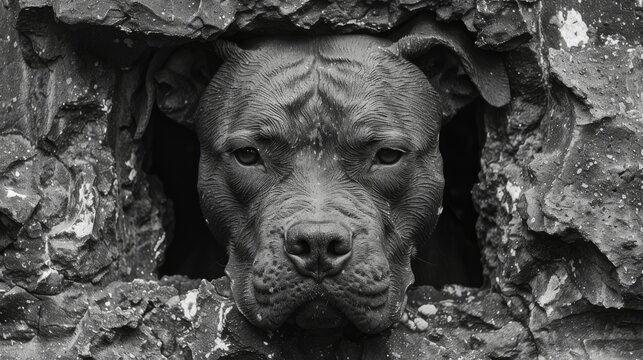  a black and white photo of a dog sticking its head out of a hole in a stone wall with moss growing on it.