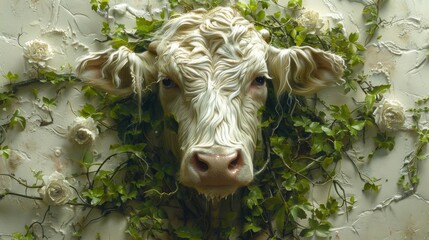  a close up of a cow with vines on it's head and behind it is a wall with flowers and vines.