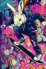 A cool rabbit performing hip hop tricks on a skateboard, graffiti walls as the backdrop, capturing the essence of street culture and freedom , high detailed