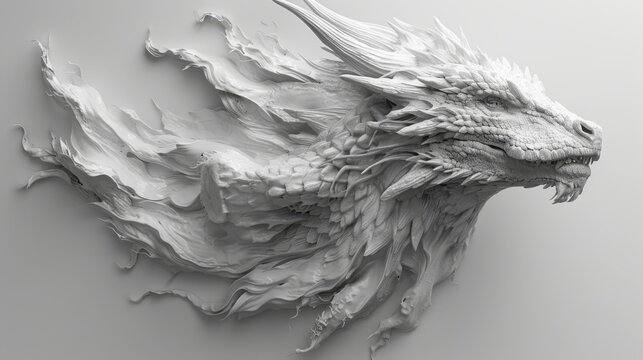  a black and white photo of a dragon's head with white paint on it's body and wings.