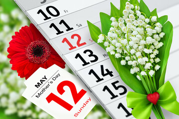 Calendar 2024  May 12  Sunday  Flowers with red heart and Mother's Day