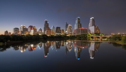 Wide Angle Night Time Austin Skyline Before Sunrise Reflections