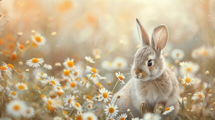 Fototapeta na wymiar A wild rabbit sits among a field of blooming daisies, bathed in the golden light of a tranquil sunset. 
