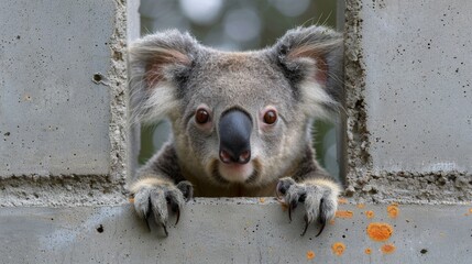  a close up of a koala sticking its head out of a hole in a concrete wall with trees in the background.