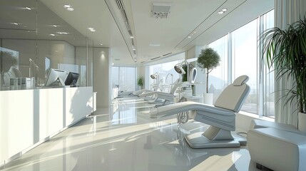 A modern podiatry clinic interior boasting sleek chairs and equipment with abundant natural light creating a welcoming environment. - obrazy, fototapety, plakaty