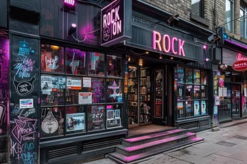Afwasbaar Fotobehang Muziekwinkel A cool and edgy music store with a black and purple exterior and a sign that says "ROCK ON"