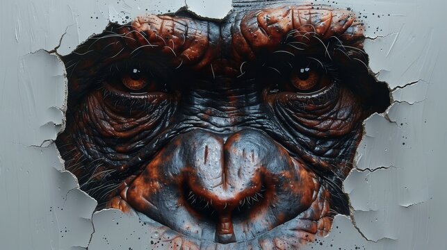  a close - up of a monkey's face through a hole in a wall with paint splattered on it.