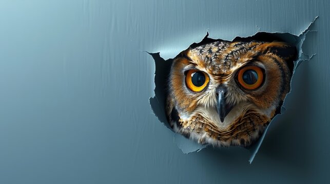  a close up of an owl's face peeking out of a hole in a wall with a blue background.