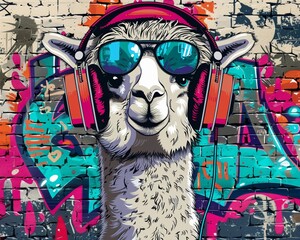A stylish alpaca wearing oversized headphones, graffiti art behind it, capturing the essence of urban hiphop culture in a playful twist , Pop art