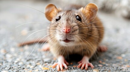  a close up of a rodent on the ground looking at the camera with a surprised look on its face.
